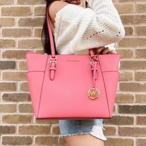 Michael Kors Charlotte Large Zip Shoulder Tote Saffiano Leather Tea Rose Pink